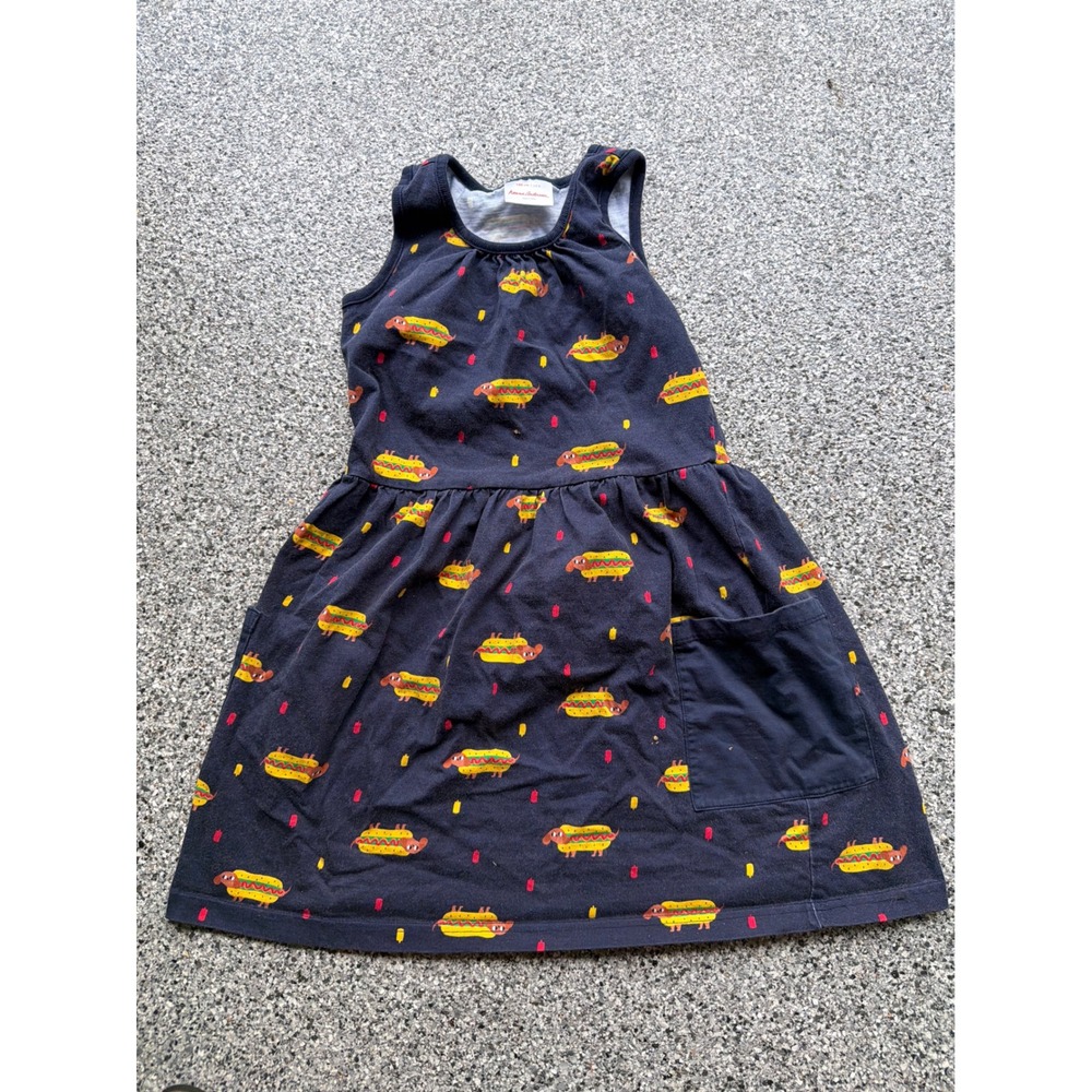 Hanna Andersson Girls Navy Hot Dog Dachshund cotton Sleeveless Dress S 130‎ US 8